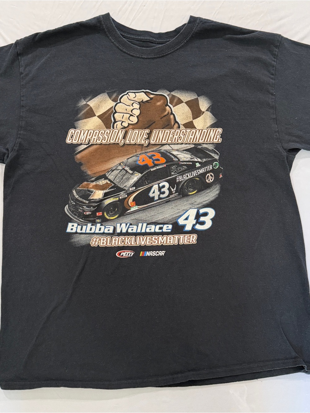 Nascar Bubba Wallace Black Graphic T-Shirt with Brown and Blue Accents
